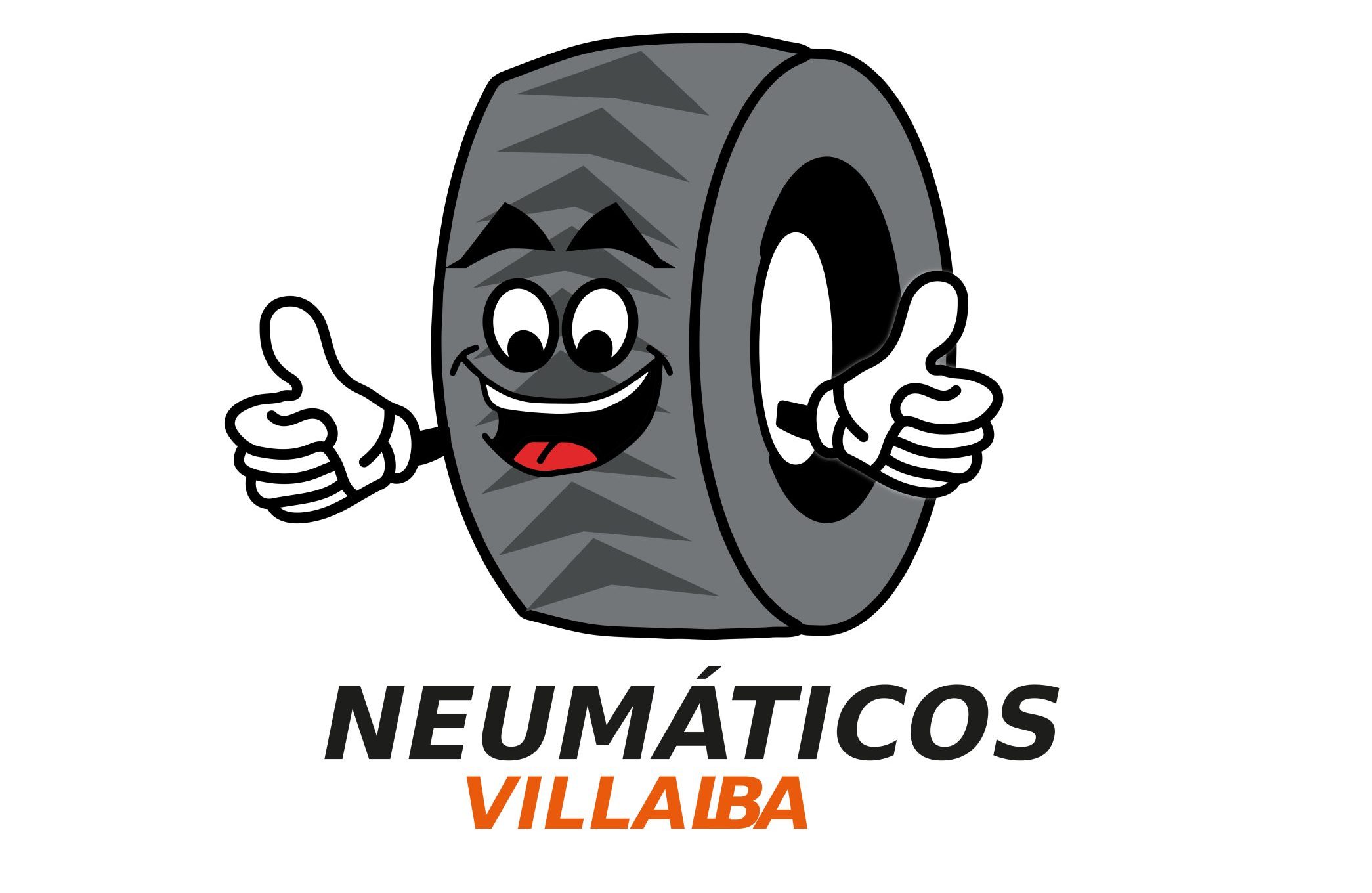 Logotipo de Neumáticos Villalba con dibujo animado de neumático sonriente